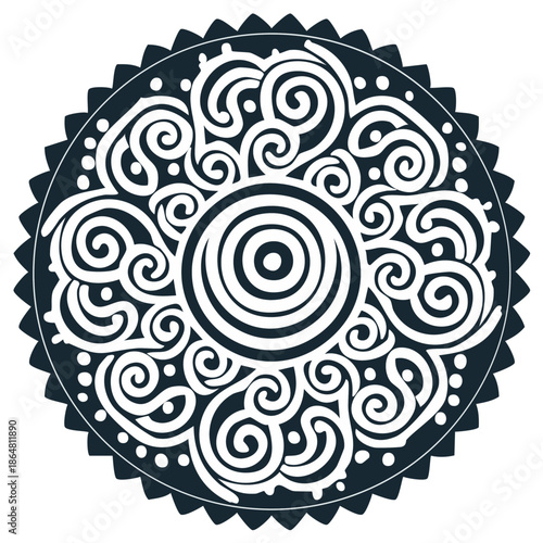 Circular Geometric Element with Swirls and Concentric Circles Ornamental Round Pattern Design