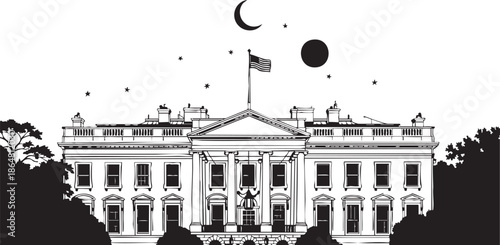 White House at night with flag stars moon and sun building black and white