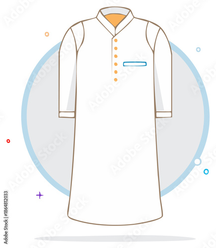 Clean Kurta Flat Illustration of traditional shirt for Men, Middle Eastern and South Asian clothing, cultural dress, festive apparel