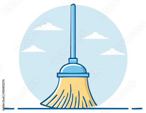 Stylized broom sweeping the floor with a blue circular window of sky with clouds in the background