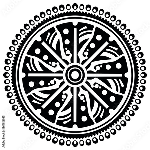 Elegant dharma wheel in black and white, adorned with dot patterns and intricate details, radiating serenity and balance