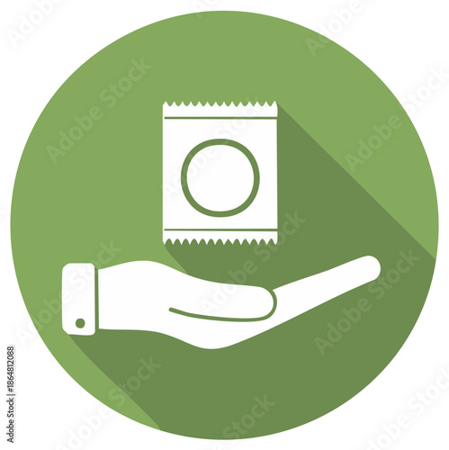 Hand holding package icon in green circle, shadow, concept