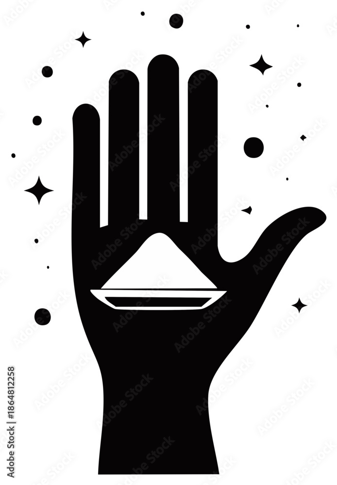 Fototapeta premium Black hand silhouette holding pile of white powder with stars and dots