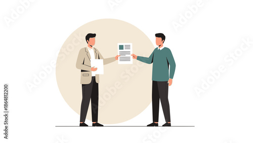 Professional Businesspersons Exchanging Document in Modern Office Setting