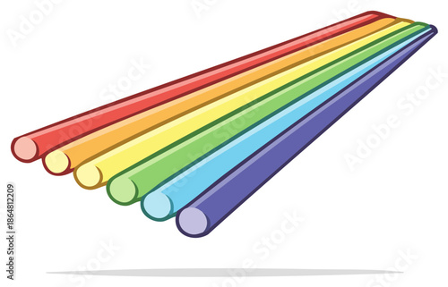 Set of colorful cartoon tubes arranged in a diagonal row creating a rainbow spectrum illustration