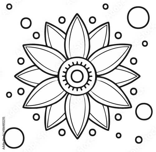 Simple Flower Line Art with Bubbles for Coloring Book Page Graphic Black and White Illustration