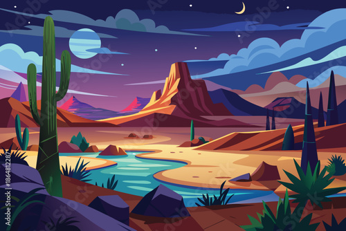 Vibrant Desert Landscape with Saguaro Cactus and Winding River.