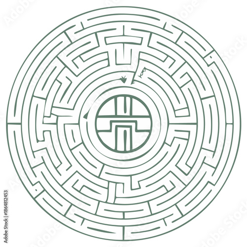 Circular labyrinth with central icon symbol illustrates complex problem solving