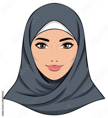 Beautiful woman wearing a headscarf, smiling portrait in a cartoon illustration.