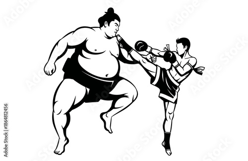 sumo vs muaythai fight, silhouette, flat design, isolated on white	
