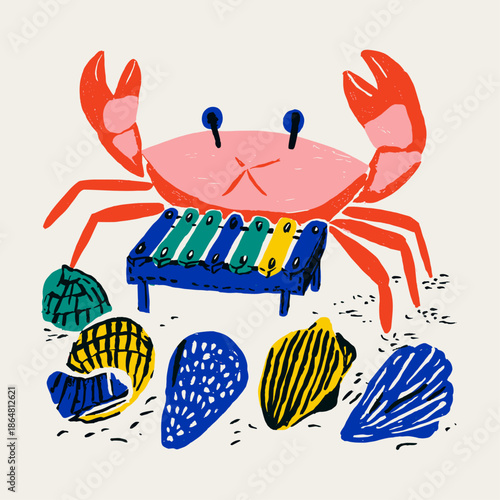 Colorful Cartoon Crab Playing a Xylophone