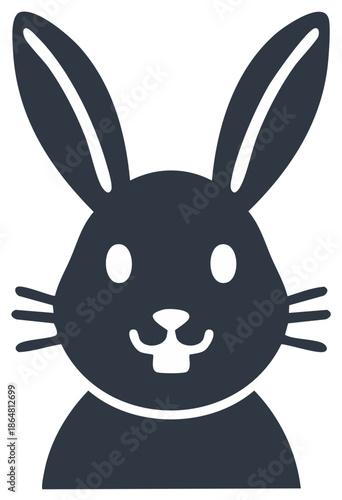 Happy cartoon bunny head with long ears and buck teeth. Cute animal character glyph icon for Easter.