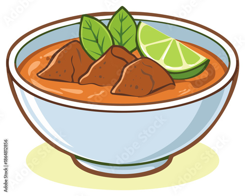 Hearty meat curry in a bowl with fresh lime and herbs cartoon illustration