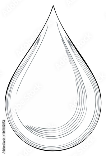 Hand drawn black and white illustration of a single water drop or teardrop icon