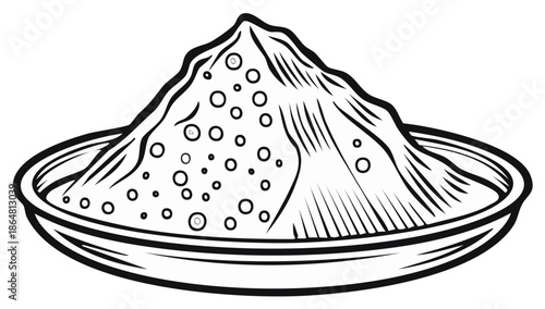 Black and white illustration of a mound of flour or powder in a dish