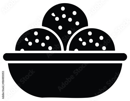 Simple icon of a bowl with three meatballs or falafel scoops silhouette graphic