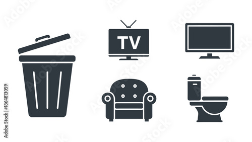 Black icons collection of common household items and furniture on white background