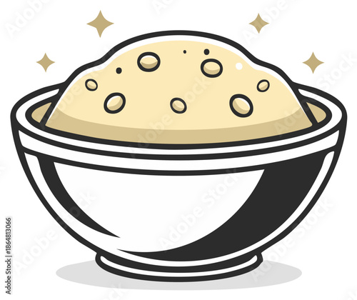 Stylized vector illustration of a bowl filled with yummy creamy food, featuring stars around the meal
