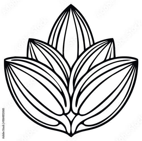 Beautiful minimalist black outline drawing of a stylized lotus flower or water lily blossom
