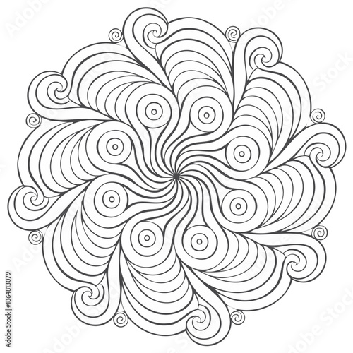 Intricate Swirling Mandala with Concentric Circles and Curving Lines in Black and White Outline
