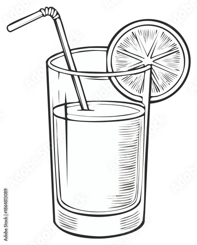Refreshing Drink with Citrus Slice, Served in a Tall Glass, with an Artistic Black and White Outline Design