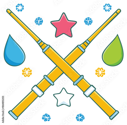 Cartoon crossed wands with drops and stars decorative abstract symbol with magic tools fantasy elements