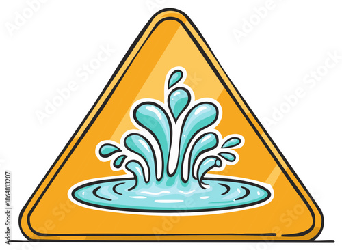 Yellow Warning Triangle Sign with Water Splashing Illustration