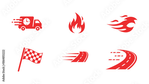 A collection of red icons representing speed, express delivery, and racing concepts