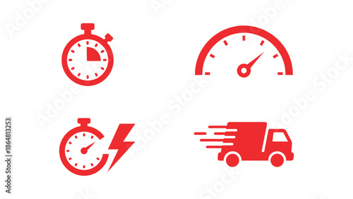 Set of red flat icons for fast speed, timing, delivery, and charging concepts