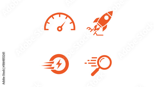 Collection of four orange icons representing speed, performance, search, and energy