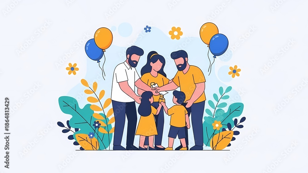 Fototapeta premium A happy family with two fathers and two children surrounded by colorful balloons and flowers