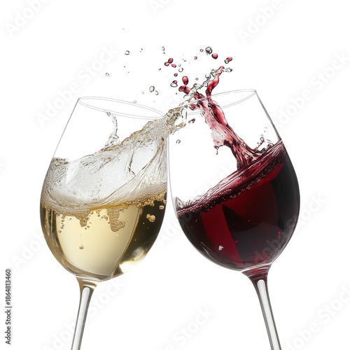 red and white wine in glasses toast splashing isolated on transparent background