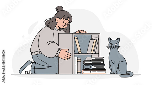 A young woman kneeling beside a bookshelf with a cat nearby, surrounded by stacks of books