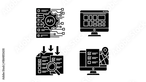 Api integration process with data transfer between systems illustrated in black glyphs