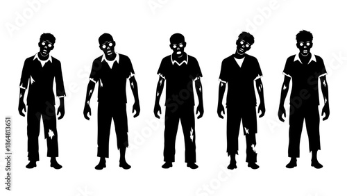 A group of five silhouetted zombie figures standing in a row