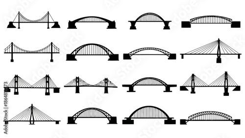 A collection of various bridge designs illustrated in a simple black and white style