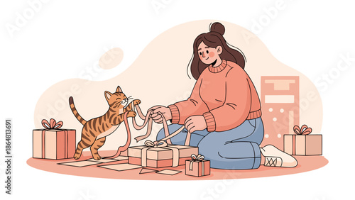 Woman playing with cat surrounded by gift boxes in a cozy indoor setting