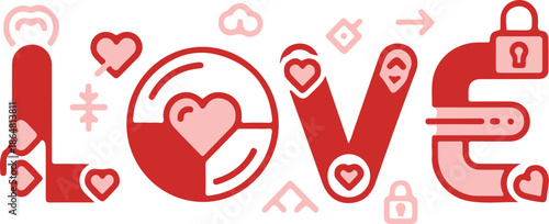 Vector art of red love symbols and icons in various shapes for valentines day