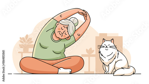 El Page senior woman practicing yoga Page Page Page beside a serene white cat in a peaceful home environment