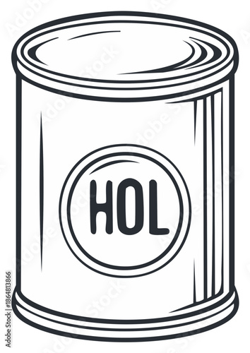 Outline illustration of canned food with label in round frame displaying the letters HOL