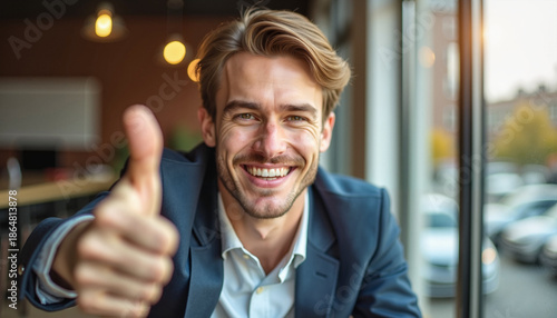 Young man smiling and giving thumbs up in stylish cafe interior  
