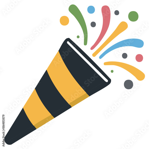 Party popper illustration with colorful confetti, striped cone, celebratory decoration for birthday and carnival festive occasions