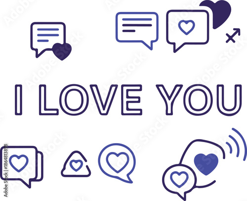 Vector art of collection of chat icons with hearts and love messages