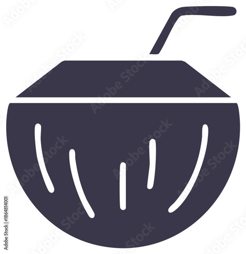 Stylized whole coconut with straw, tropical beverage icon graphic