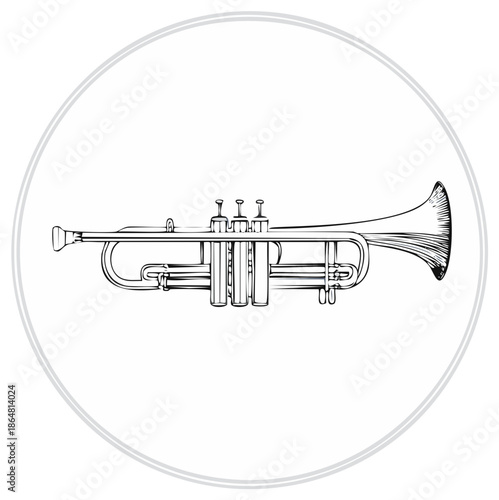 Detailed illustration of a brass trumpet musical instrument in a hand drawn style.