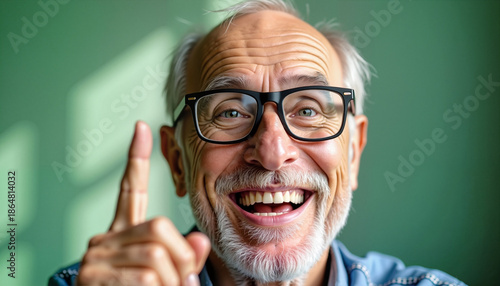 Elderly man smiling and pointing with finger indoors against green background  