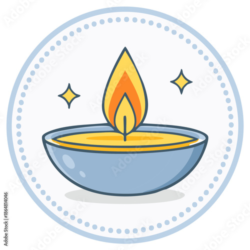 Illuminated diya oil lamp with flickering flame and bright sparks in decorative circle