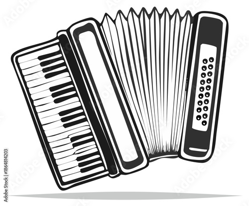 Classic piano accordion musical instrument black and white vector line art icon