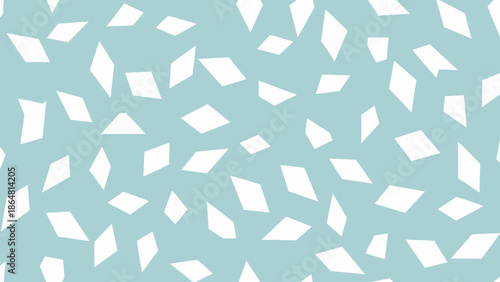 Seamless abstract pattern featuring scattered white geometric shapes, including rhombuses and irregular quadrilaterals, against a soft light blue background
