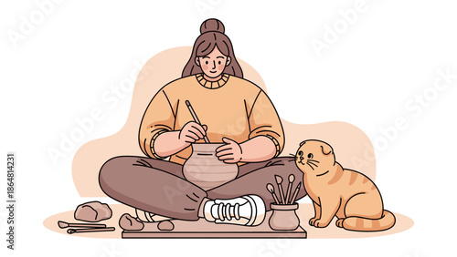 Woman sitting on floor with cat, crafting and relaxing at home in a cozy environment from a top viewpoint